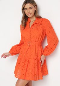 Born2be - Pomarańczowa Haftowana Sukienka Mini z Bawełny z Paskiem i Ażurowym Wzorem Aislina. Typ kołnierza: kołnierz z falbankami. Kolor: pomarańczowy. Materiał: bawełna. Wzór: ażurowy, haft. Sezon: wiosna, lato. Długość: mini #3