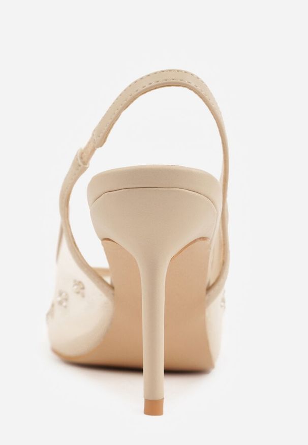 Born2be - Złote Siateczkowe Sandały Slingback na Szpilce z Cyrkoniami Eshirvyn. Okazja: na randkę. Kolor: złoty. Materiał: satyna, jeans. Obcas: na szpilce. Styl: elegancki