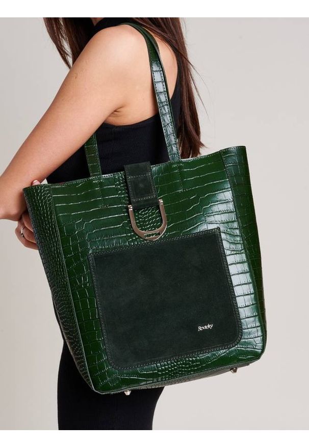 ROVICKY - Shopper bag zielony Rovicky TWR-105 CRO ZIELONY. Kolor: zielony. Wzór: aplikacja. Materiał: skórzane. Rozmiar: duże. Styl: elegancki, klasyczny. Rodzaj torebki: na ramię