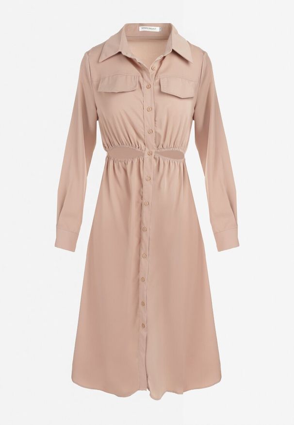 Born2be - Beżowa Sukienka Koszulowa Pildia. Okazja: na co dzień. Kolor: beżowy. Materiał: tkanina. Długość rękawa: długi rękaw. Typ sukienki: koszulowe. Styl: elegancki, casual. Długość: midi