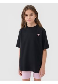 4f - 4F T-shirt oversize gładki dziewczęcy - czarny 146 (10-11 lat). Okazja: na co dzień. Kolor: czarny. Materiał: dzianina, bawełna, jersey. Wzór: gładki. Sezon: lato. Styl: klasyczny, sportowy, casual
