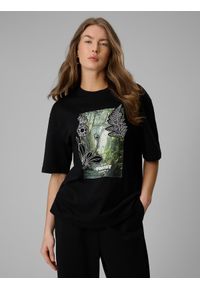 4f - 4F T-shirt loose z nadrukiem damski - czarny M. Okazja: na co dzień. Kolor: czarny. Materiał: dzianina, materiał, bawełna. Wzór: nadruk. Styl: casual #1
