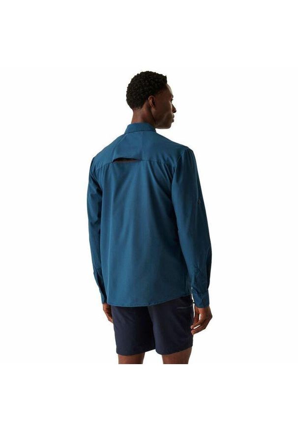 Regatta - Koszula turystyczna męska Travel Packaway L/S. Kolor: niebieski. Materiał: materiał. Długość rękawa: długi rękaw. Długość: krótkie. Sport: turystyka piesza