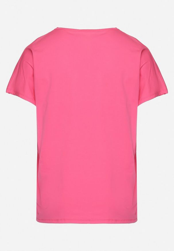 Born2be - Ciemnoróżowa Bawełniana Bluzka z Ażurową Wstawką i Nadrukiem Blineria. Kolor: różowy. Materiał: bawełna. Wzór: nadruk, ażurowy