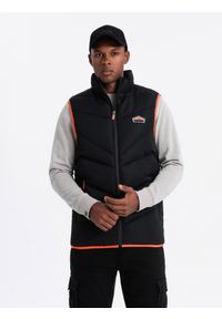Ombre Clothing - Pikowany męski bezrękawnik z neonowymi akcentami – czarny V4. Typ kołnierza: kołnierzyk stójkowy. Kolor: czarny. Materiał: guma, tkanina, poliester, materiał, syntetyk. Długość rękawa: bez rękawów. Wzór: aplikacja #4