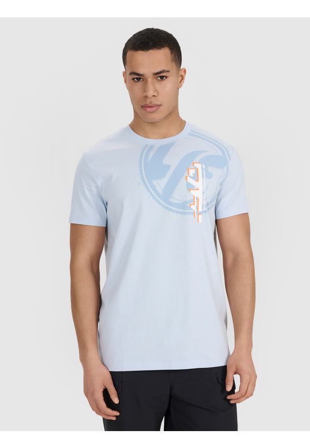 4f - 4F T-shirt regular z nadrukiem męski - niebieski L. Okazja: na co dzień. Kolor: niebieski. Materiał: bawełna, materiał, jersey. Długość rękawa: krótki rękaw. Długość: krótkie. Wzór: nadruk. Styl: klasyczny, sportowy, casual