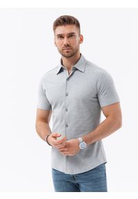 Ombre Clothing - Dzianinowa męska koszula slim fit z krótkim rękawem i kołnierzykiem – szara V5 OM-SHSS-0100 - XXL. Typ kołnierza: polo. Kolor: szary. Materiał: dzianina. Długość rękawa: krótki rękaw. Długość: krótkie. Styl: sportowy, elegancki #5