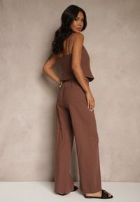 Renee - Brązowy Elegancki Komplet Top z Guzikami i Szerokie Spodnie z Wiskozy i Bawełny Divianne. Kolor: brązowy. Materiał: bawełna, wiskoza