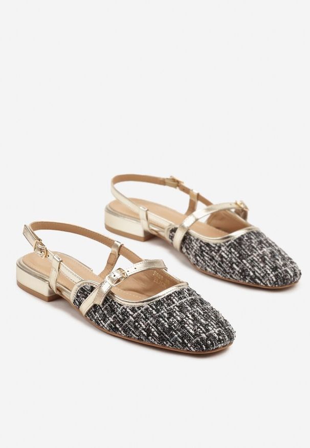 Renee - Czarno-Złote Tweedowe Sandały Typu Slingback Ellimirae. Okazja: na spotkanie biznesowe, na spacer. Zapięcie: sprzączka. Kolor: czarny. Sezon: lato. Styl: biznesowy, klasyczny, elegancki