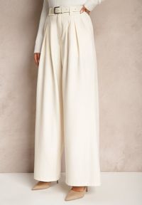 Renee - Beżowe Spodnie Palazzo High Waist z Szerokimi Nogawkami i Paskiem z Metalową Klamrą Oinna. Okazja: na co dzień, do pracy. Stan: podwyższony. Kolor: beżowy. Styl: klasyczny, elegancki, casual #5