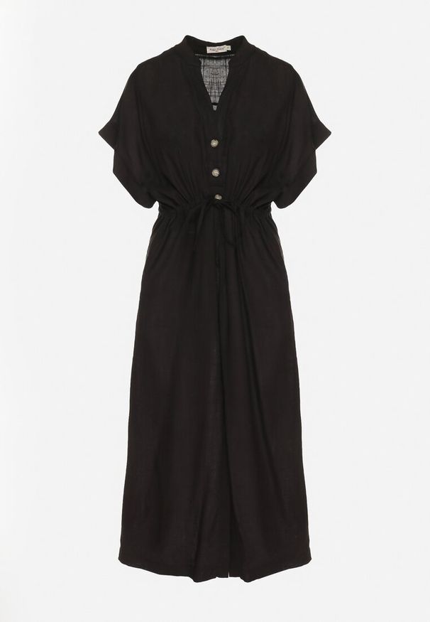 Born2be - Czarna Bawełniana Sukienka z Koszulową Górą i Ściągaczem w Talii Vikleta. Okazja: na co dzień. Typ kołnierza: dekolt w kształcie V. Kolor: czarny. Materiał: bawełna. Typ sukienki: koszulowe. Styl: casual, klasyczny