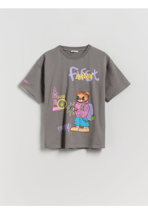 Reserved - Bawełniany t-shirt z nadrukiem - ciemnoszary. Kolor: szary. Materiał: bawełna. Wzór: nadruk