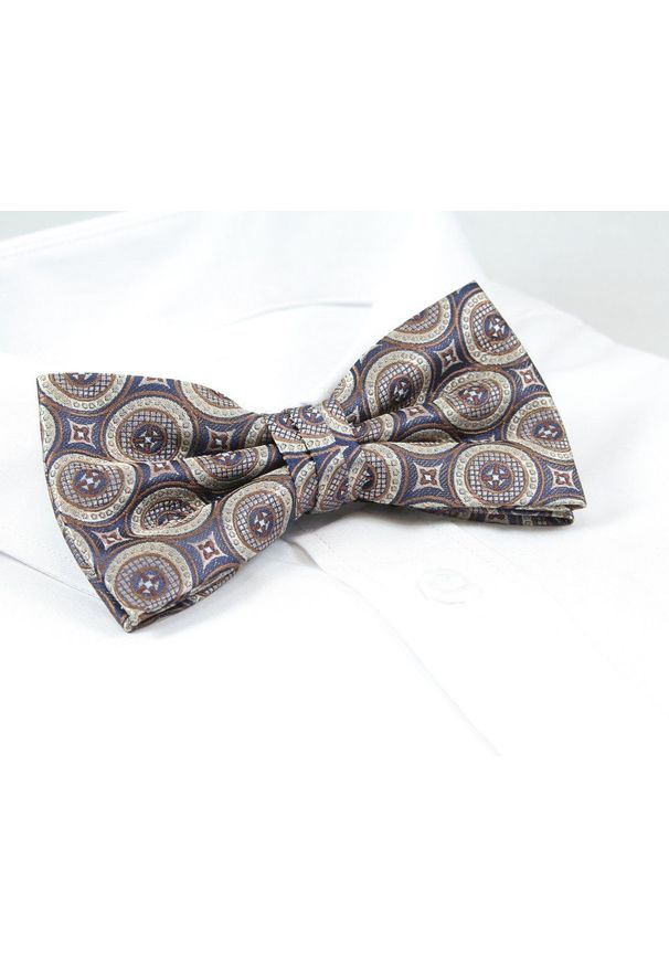 Chattier - Mucha Beżowo-Granatowa z Białą Poszetką, Wzór Geometryczny, Elegancka, Męska -CHATTIER. Kolor: wielokolorowy, beżowy, niebieski, brązowy. Materiał: poliester. Wzór: geometria. Styl: elegancki