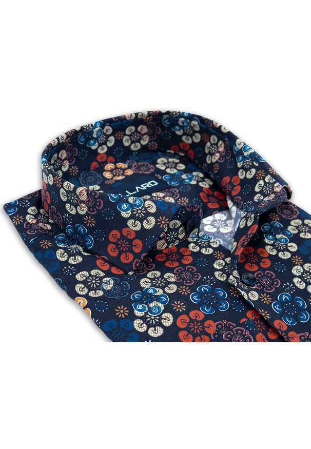 Mmer / Villaro - Koszule męskie - Granatowa koszula męska w kolorowe kwiaty H107. Kolor: niebieski. Materiał: bawełna, elastan, tkanina. Długość: długie. Wzór: kolorowy, kwiaty