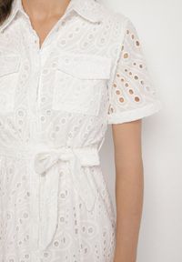 Born2be - Biała Koszulowa Sukienka Haftowana z Paskiem Rinessa. Okazja: na spacer, na imprezę, na co dzień. Kolor: biały. Długość rękawa: na ramiączkach. Wzór: haft. Typ sukienki: koszulowe. Styl: casual, klasyczny, sportowy. Długość: midi #3