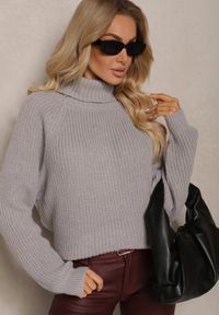 Renee - Szary Casualowy Golf Ittalora. Okazja: na co dzień. Typ kołnierza: golf. Kolor: szary. Materiał: jeans. Długość rękawa: długi rękaw. Długość: długie. Wzór: aplikacja. Styl: casual
