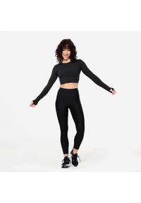 DOMYOS - Koszulka fitness damska Domyos crop top długi rękaw. Kolor: czarny. Materiał: materiał, elastan, poliester. Długość rękawa: długi rękaw. Długość: długie. Sport: fitness