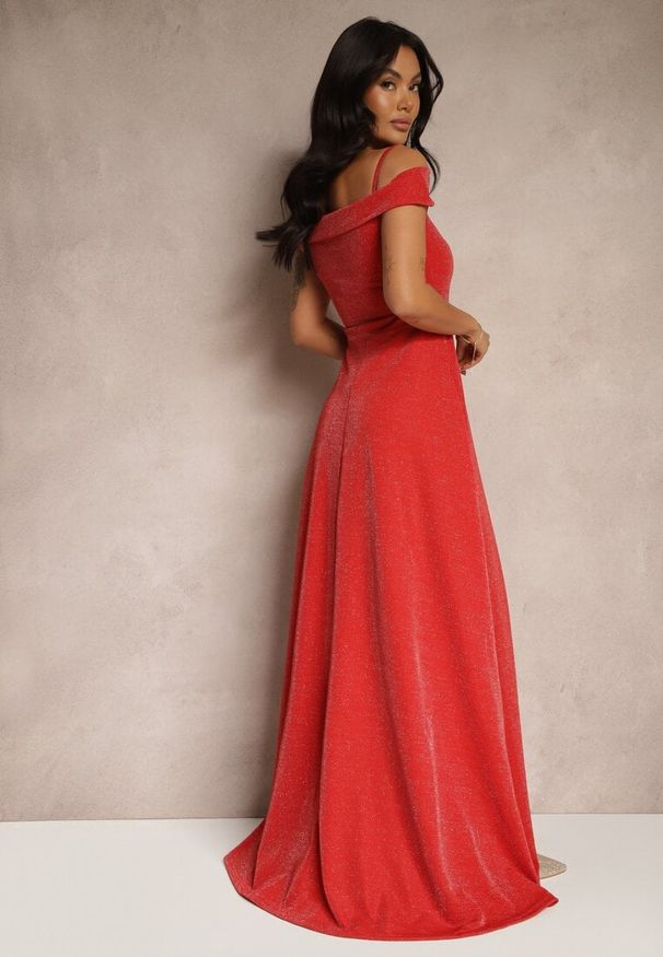 Renee - Czerwona Koktajlowa Sukienka o Rozkloszowanym Kroju z Metaliczną Nicią Emilinea. Okazja: na imprezę. Kolor: czerwony. Styl: wizytowy
