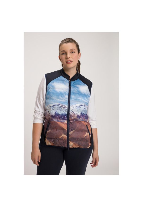 ULLA POPKEN - Damskie Hybrydowa kamizelka stójka typu college dwukierunkowy suwak bez rękawów. Typ kołnierza: kołnierzyk stójkowy. Kolekcja: plus size. Kolor: niebieski. Materiał: poliester, materiał. Długość rękawa: bez rękawów. Sport: turystyka piesza