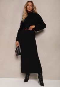 Renee - Czarna Sukienka Sweterkowa z Wiskozą Ozdobiona Wywiniętymi Rękawami Gebika. Okazja: na co dzień. Kolor: czarny. Materiał: wiskoza. Wzór: aplikacja. Typ sukienki: proste. Styl: elegancki, casual #5