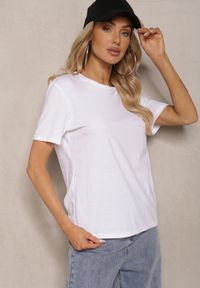 Renee - Biały T-shirt Koszulka z Krótkim Rękawem i Okrągłym Dekoltem Tiarella. Kolor: biały. Materiał: jeans. Długość rękawa: krótki rękaw. Długość: krótkie. Wzór: aplikacja. Styl: klasyczny, elegancki