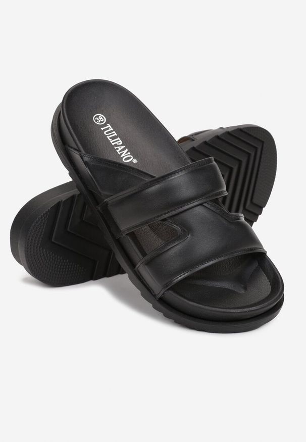 Renee - Czarne Klapki z Szerokim Paskiem z Wycięciami na Grubej Podeszwie Elixis. Kolor: czarny. Sezon: lato