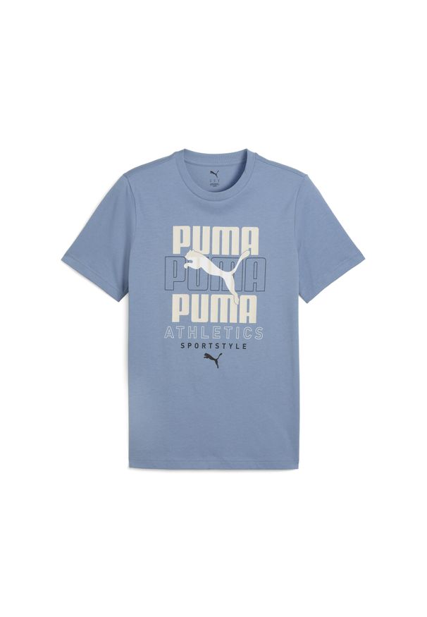 Puma - Męska koszulka z nałożonymi na siebie grafikami PUMA. Kolor: niebieski, różowy, wielokolorowy, fioletowy. Sport: bieganie