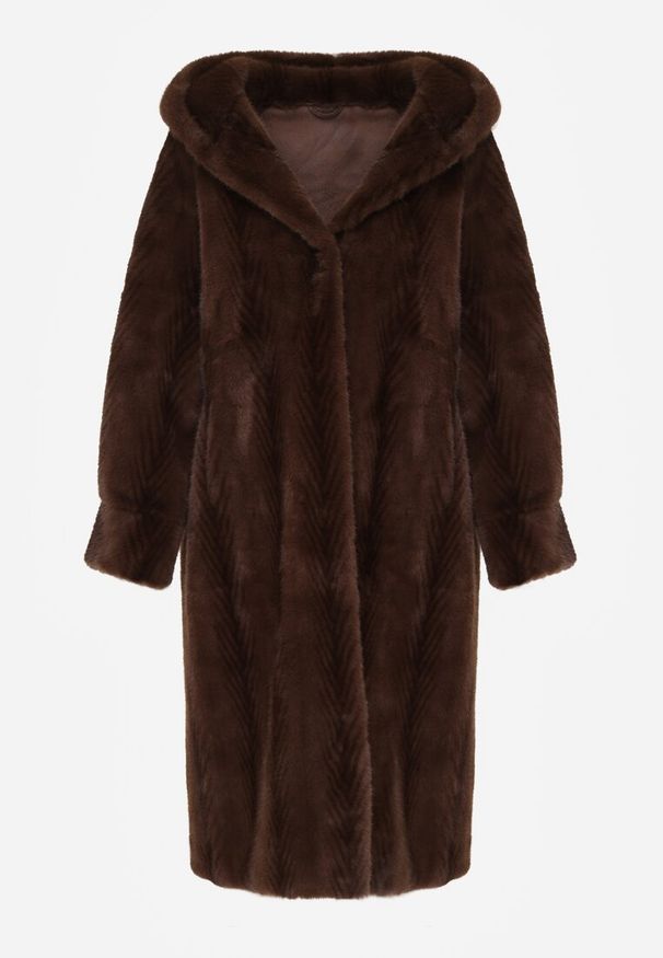 Born2be - Brązowy Płaszcz Futerko w Pionowy Wzór z Kapturem Cahroris. Typ kołnierza: kaptur. Kolor: brązowy. Materiał: futro. Styl: elegancki, klasyczny