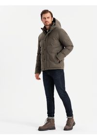 Ombre Clothing - Męska kurtka casualowa puffer z wełną – ciemnooliwkowy melanż V4 - Rozmiar: M. Okazja: na co dzień. Typ kołnierza: kołnierzyk stójkowy. Kolor: oliwkowy. Materiał: wełna. Długość: długie. Wzór: melanż. Styl: casual #10