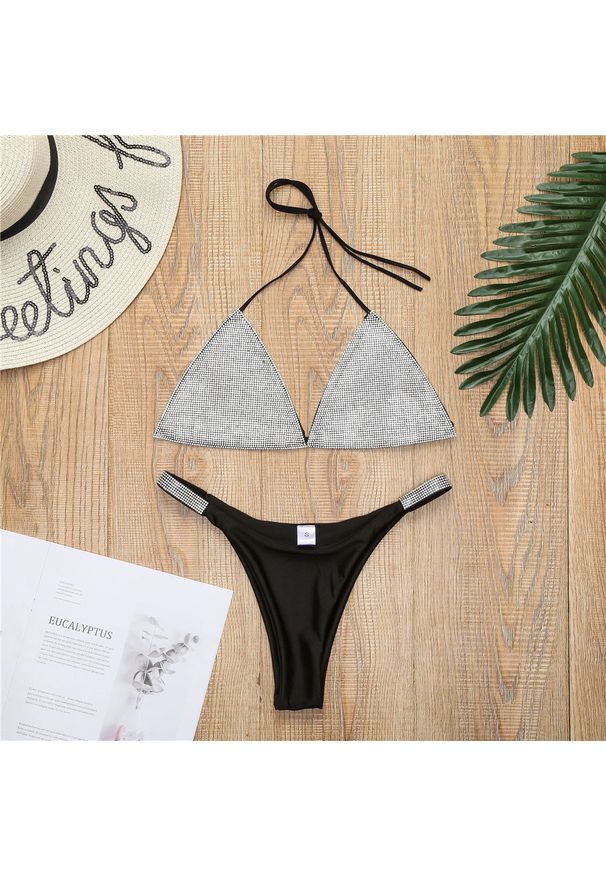 Intica - Bikini z cyrkoniami na plażę i basen Anastassija. Kolor: czarny. Materiał: materiał. Wzór: aplikacja