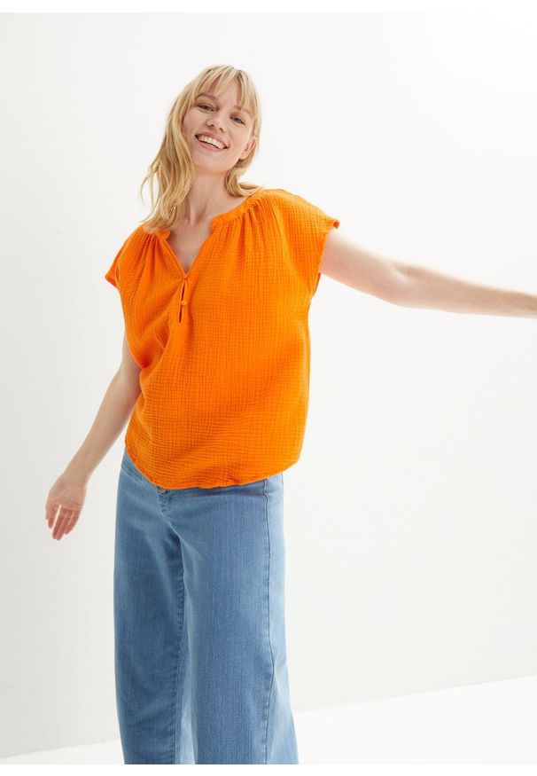 bonprix - Bluzka muślinowa z krótkim rękawem, z czystej bawełny. Typ kołnierza: dekolt w serek. Kolor: pomarańczowy. Materiał: bawełna. Długość rękawa: krótki rękaw. Długość: krótkie