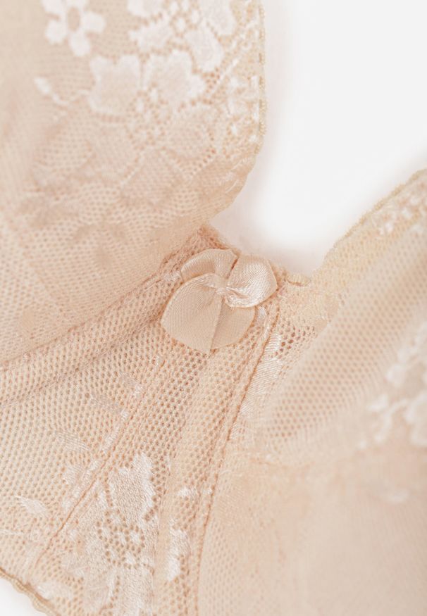 Renee - Jasnobeżowy Full Cup Biustonosz z Koronką Vikonie. Kolor: beżowy. Materiał: koronka. Wzór: koronka