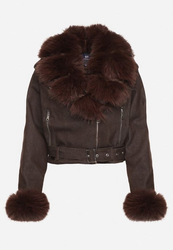 Born2be - Brązowa Ocieplana Kurtka Ramoneska z Futrem przy Kołnierzu i Rękawach Mevesala. Kolor: brązowy. Materiał: futro. Długość: krótkie