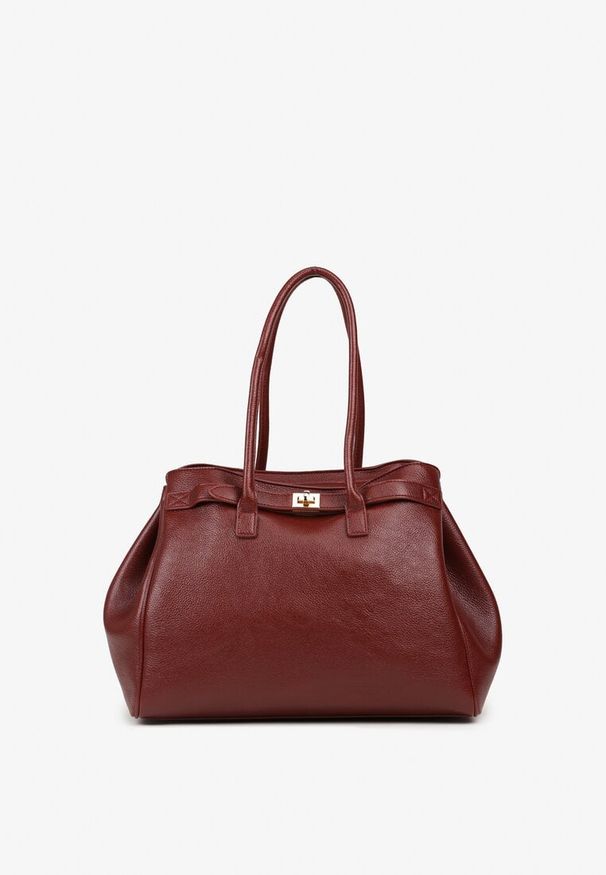 Renee - Bordowa Torebka Shopper z Dwoma Rączkami Ozdobiona Paskiem z Klamrą Remisse. Kolor: czerwony. Wzór: aplikacja. Styl: klasyczny, casual, elegancki. Rodzaj torebki: na ramię