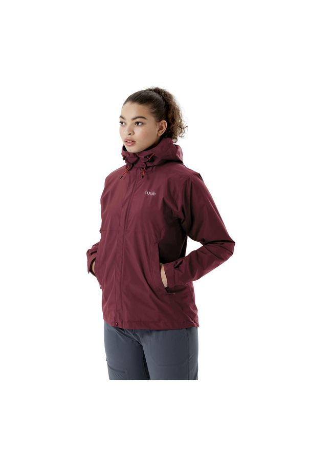 Kurtka przeciwdeszczowa damska Rab Downpour Eco Jacket z kapturem. Typ kołnierza: kaptur. Kolor: czerwony. Sport: turystyka piesza