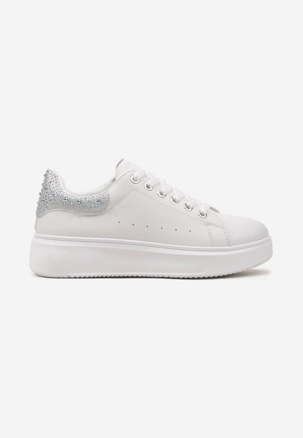Renee - Biało-Srebrne Sneakersy na Platformie z Cyrkoniami i Brokatem z Tyłu Asisia. Kolor: biały. Obcas: na platformie
