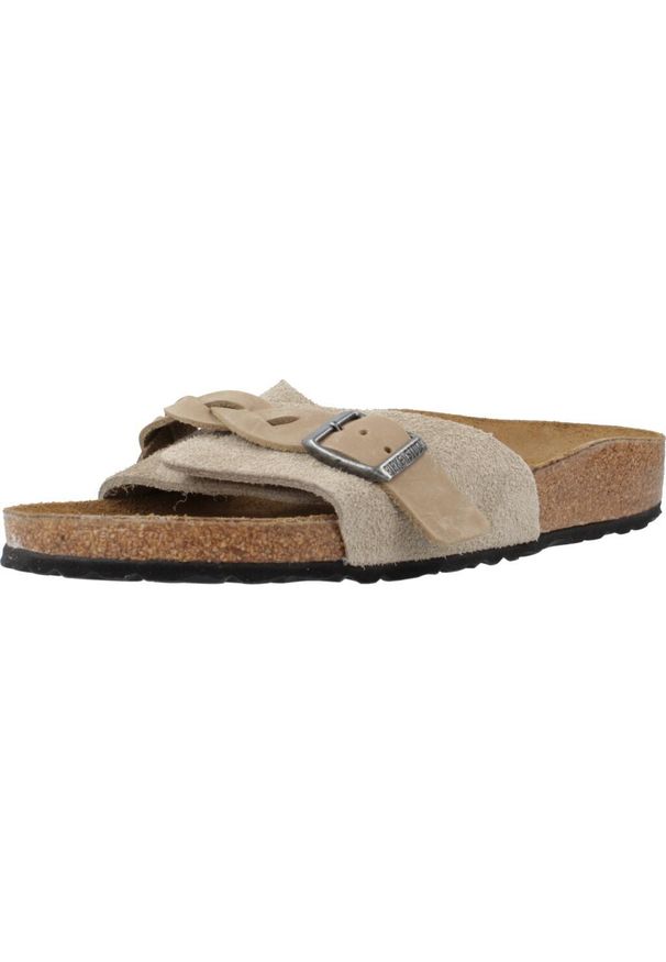 Klapki damskie Birkenstock Oita Braided Taupe Suede Calz S. Kolor: beżowy, brązowy. Materiał: tkanina, materiał, skóra, syntetyk, zamsz. Styl: sportowy