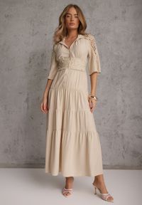 Renee - Beżowa Boho Sukienka z Wiskozą o Rozkloszowanym Kroju z Ażurowymi Wstawkami Idacea. Okazja: na co dzień. Kolor: beżowy. Materiał: wiskoza. Wzór: ażurowy. Typ sukienki: proste. Styl: boho #7
