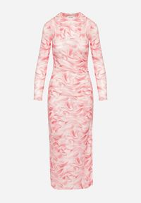 Born2be - Fuksjowa Dopasowana Sukienka z Siateczki z Wiskozą w Abstrakcyjny Wzór Sarilene. Okazja: na co dzień. Kolor: różowy. Materiał: wiskoza. Długość rękawa: długi rękaw. Typ sukienki: dopasowane. Styl: klasyczny, casual, elegancki #5