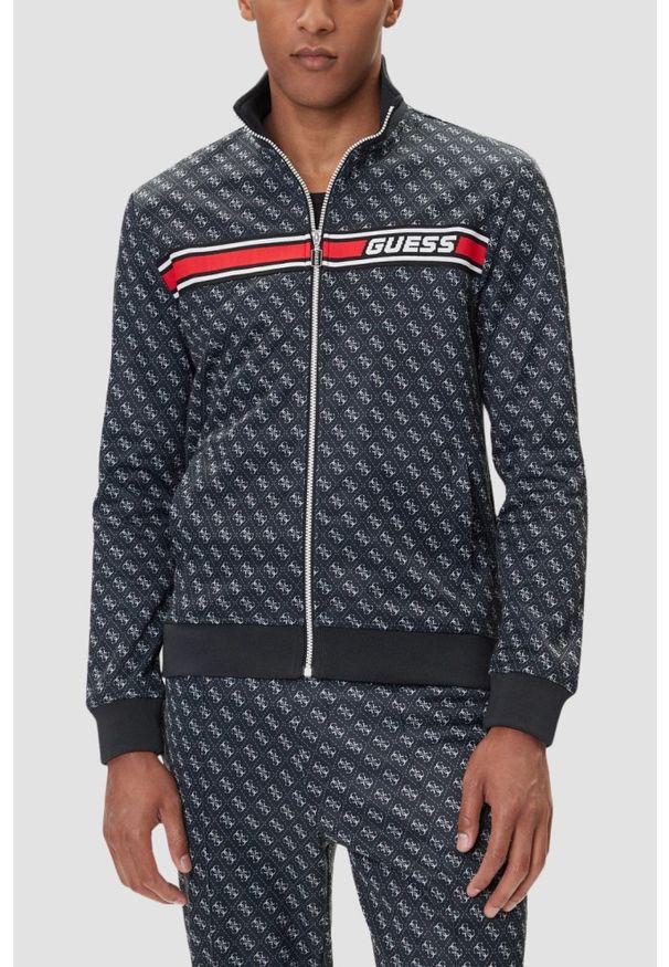 Guess - GUESS Czarna rozpinana męska bluza w monogram Korbin, Rozmiar XXL. Okazja: na co dzień. Kolor: czarny. Styl: casual, sportowy