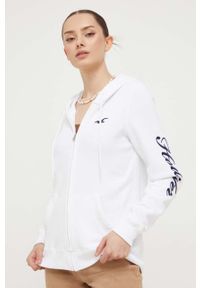 Hollister Co. bluza damska kolor biały z kapturem z aplikacją. Typ kołnierza: kaptur. Kolor: biały. Wzór: aplikacja #1