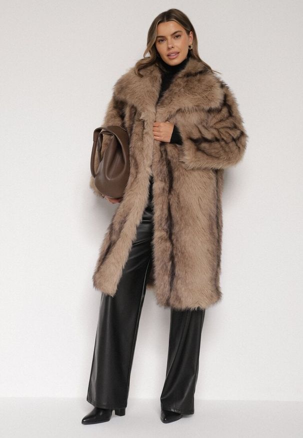 Born2be - Brązowy Płaszcz Futro z Szerokim Kołnierzem i Kieszeniami Ezinda. Okazja: do pracy, na co dzień, na spotkanie biznesowe. Typ kołnierza: golf. Kolor: brązowy. Materiał: futro. Styl: klasyczny, casual, elegancki, biznesowy