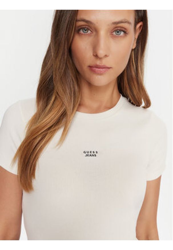 Guess Jeans T-Shirt W5BP45 KA0H1 Beżowy Slim Fit. Kolor: beżowy. Materiał: bawełna