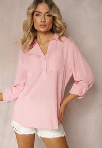 Renee - Różowa Bluzka Koszula Wykończona Kołnierzykiem oraz Kieszonkami na Guziki Funelia. Okazja: do pracy, na co dzień. Kolor: różowy. Materiał: jeans, skóra. Długość rękawa: długi rękaw. Długość: długie. Styl: casual, elegancki #2
