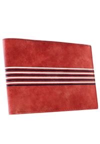 Inny - Portfel męski czerwony zdobiony paskami 701-CSG RED WHITE BL. Kolor: czerwony. Materiał: skóra. Wzór: aplikacja