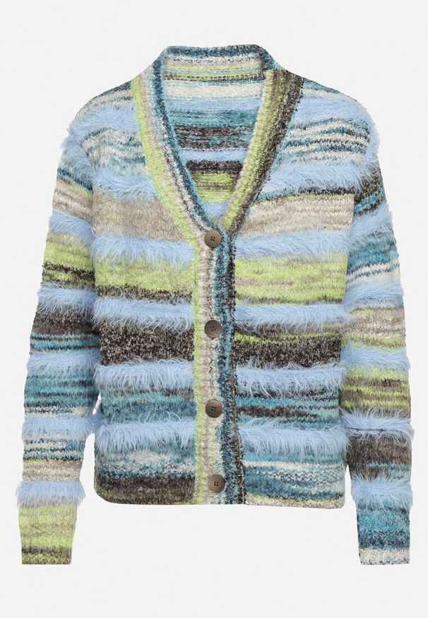 Born2be - Niebieski Kardigan z Wełną i Wiskozą na Guziki Ozdobiony Paskami Esalenia. Okazja: na co dzień. Typ kołnierza: dekolt w serek. Kolor: niebieski. Materiał: wiskoza, wełna. Długość rękawa: długi rękaw. Długość: długie. Wzór: aplikacja. Styl: casual, elegancki