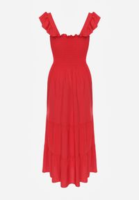 Renee - Czerwona Sukienka z Bawełny na Ramiączkach Ozdobiona Falbanami i Gumkami Mevalys. Okazja: na co dzień. Kolor: czerwony. Materiał: bawełna. Długość rękawa: na ramiączkach. Wzór: aplikacja. Typ sukienki: rozkloszowane. Styl: casual, elegancki #8