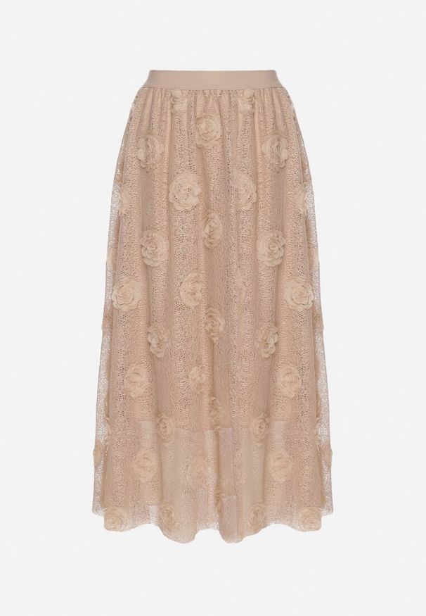Born2be - Beżowa Rozkloszowana Spódnica ze Strukturalnej Tkaniny z Gumką w Talii Folenne. Okazja: na co dzień. Kolor: beżowy. Materiał: tkanina. Styl: elegancki, casual