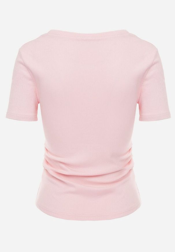 Renee - Różowy T-shirt w Prążki z Marszczeniami po Bokach Nedala. Okazja: na co dzień. Kolor: różowy. Wzór: prążki. Styl: casual, elegancki