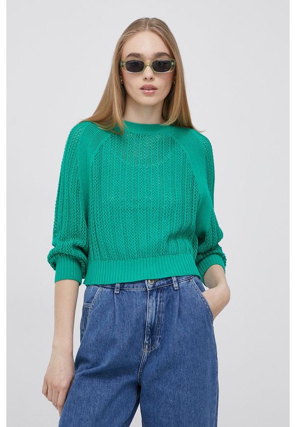 JDY sweter damski kolor zielony lekki. Okazja: na co dzień. Kolor: zielony. Materiał: bawełna. Długość rękawa: raglanowy rękaw. Styl: casual